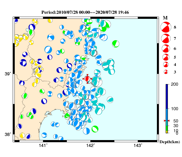 過去に起きた地震の初動発震機構解