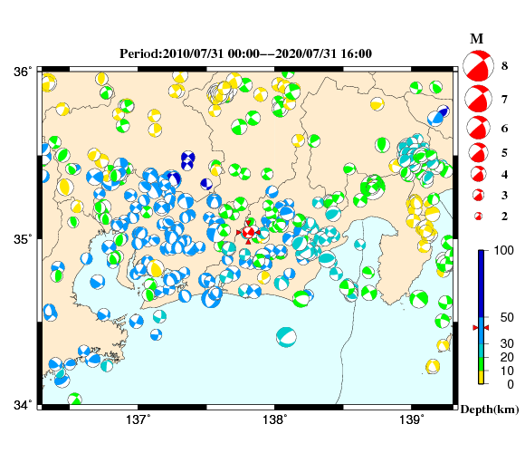 過去に起きた地震の初動発震機構解
