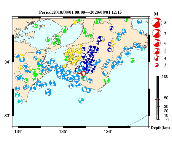 過去に起きた地震の初動発震機構解