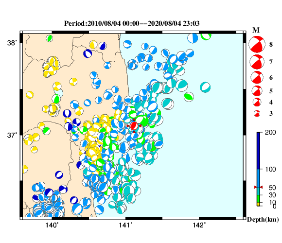 過去に起きた地震の初動発震機構解