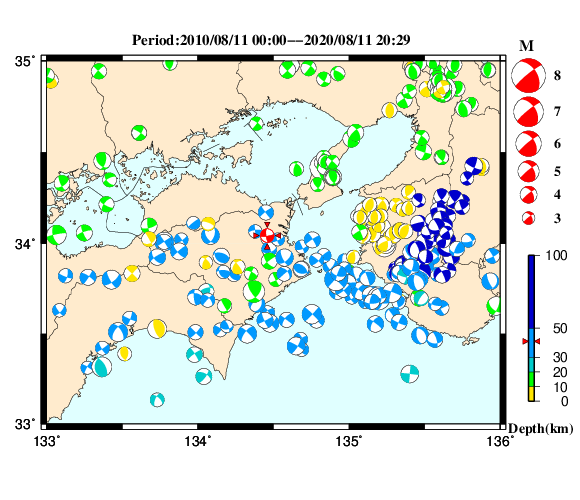 過去に起きた地震の初動発震機構解