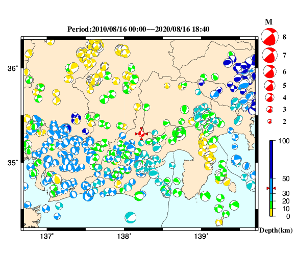 過去に起きた地震の初動発震機構解