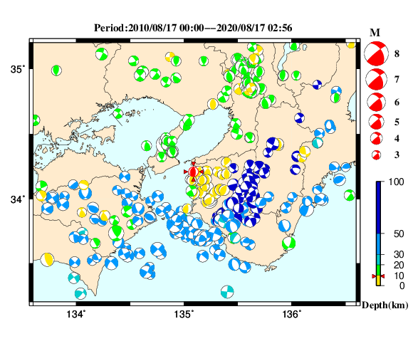 過去に起きた地震の初動発震機構解