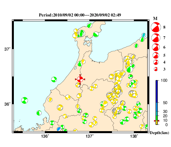 過去に起きた地震の初動発震機構解