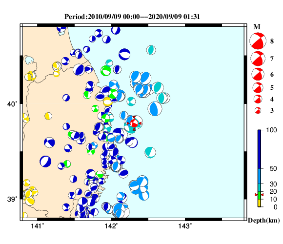 過去に起きた地震の初動発震機構解