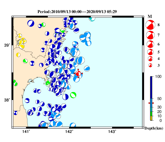 過去に起きた地震の初動発震機構解