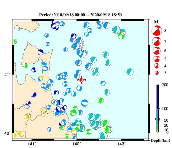 過去に起きた地震の初動発震機構解