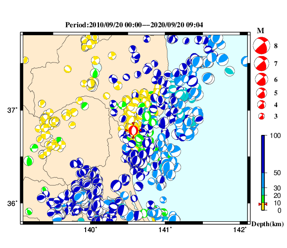 過去に起きた地震の初動発震機構解