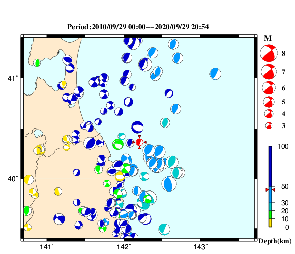 過去に起きた地震の初動発震機構解