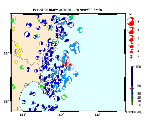 過去に起きた地震の初動発震機構解