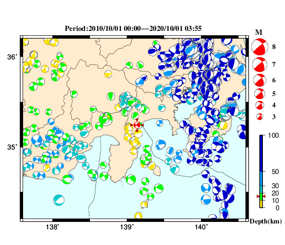 過去に起きた地震の初動発震機構解