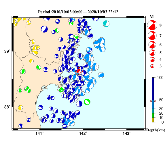 過去に起きた地震の初動発震機構解