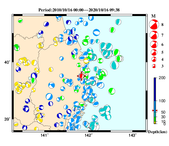 過去に起きた地震の初動発震機構解