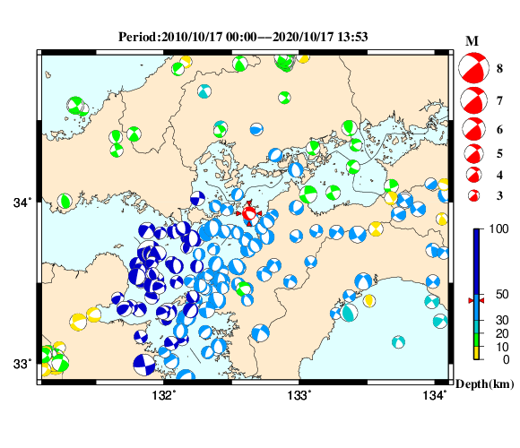 過去に起きた地震の初動発震機構解