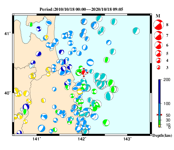 過去に起きた地震の初動発震機構解
