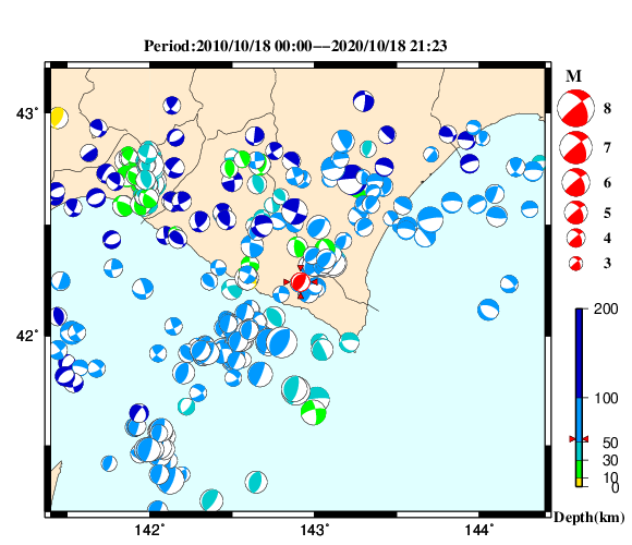 過去に起きた地震の初動発震機構解