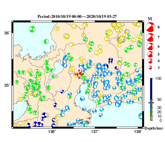 過去に起きた地震の初動発震機構解