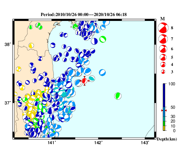 過去に起きた地震の初動発震機構解