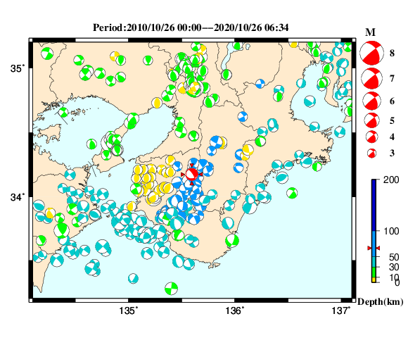 過去に起きた地震の初動発震機構解