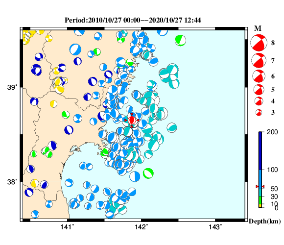 過去に起きた地震の初動発震機構解