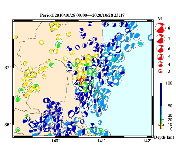 過去に起きた地震の初動発震機構解