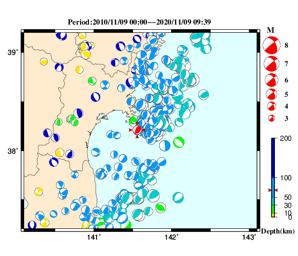 過去に起きた地震の初動発震機構解