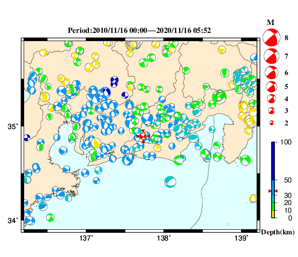 過去に起きた地震の初動発震機構解