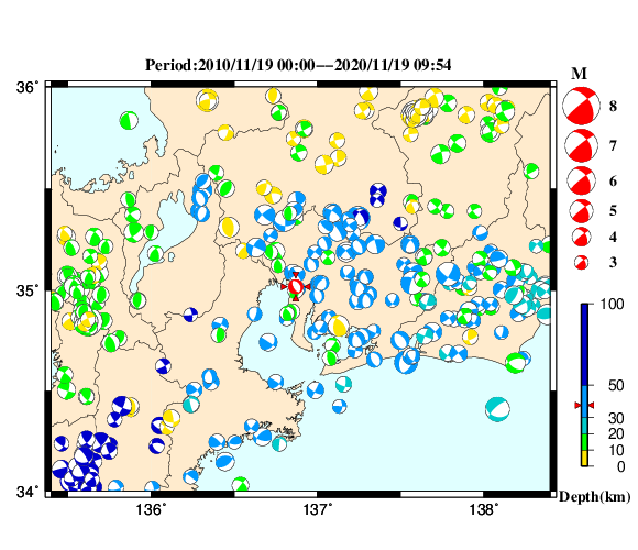 過去に起きた地震の初動発震機構解