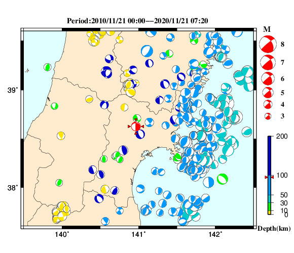 過去に起きた地震の初動発震機構解