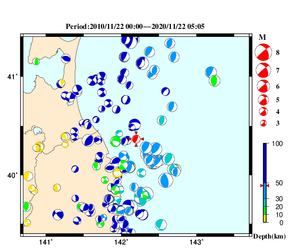 過去に起きた地震の初動発震機構解