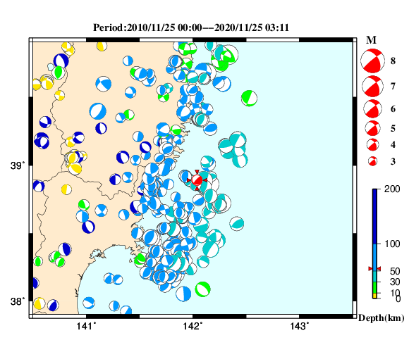 過去に起きた地震の初動発震機構解