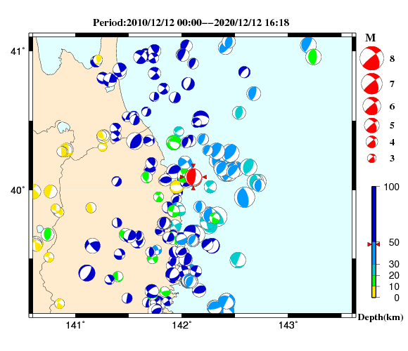 過去に起きた地震の初動発震機構解