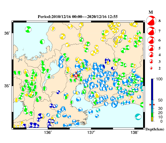 過去に起きた地震の初動発震機構解