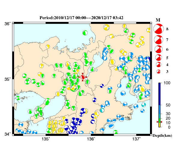 過去に起きた地震の初動発震機構解
