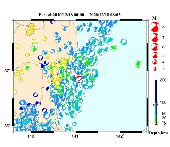 過去に起きた地震の初動発震機構解