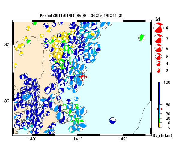 過去に起きた地震の初動発震機構解