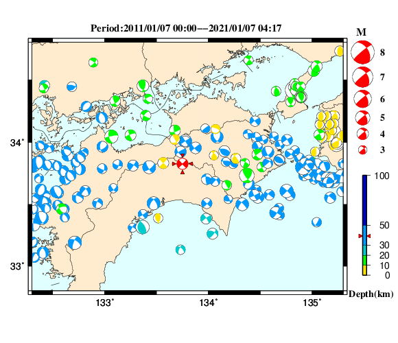 過去に起きた地震の初動発震機構解