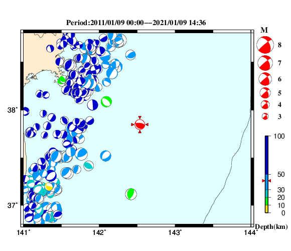 過去に起きた地震の初動発震機構解