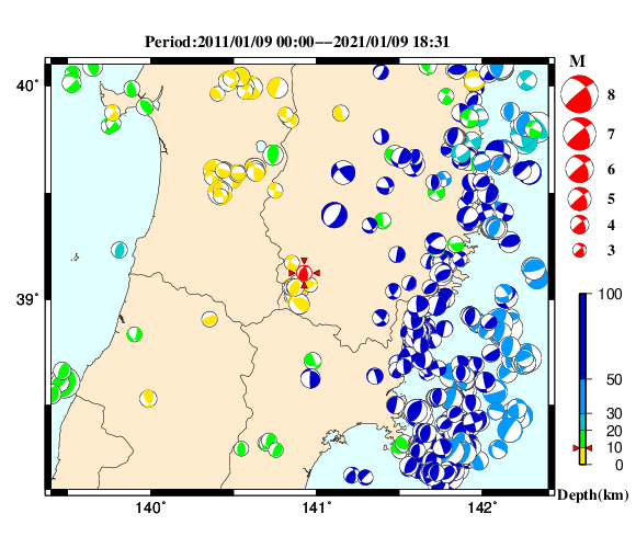 過去に起きた地震の初動発震機構解