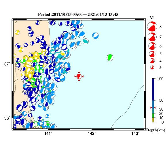 過去に起きた地震の初動発震機構解