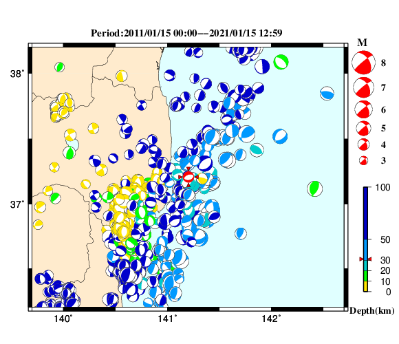過去に起きた地震の初動発震機構解