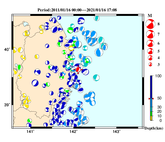 過去に起きた地震の初動発震機構解