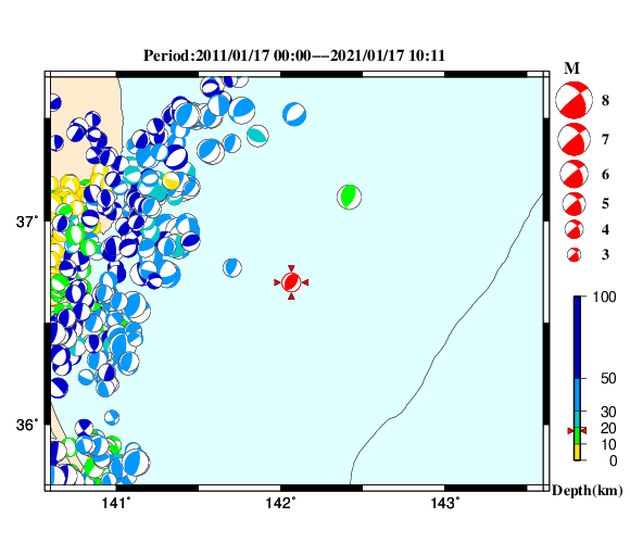過去に起きた地震の初動発震機構解