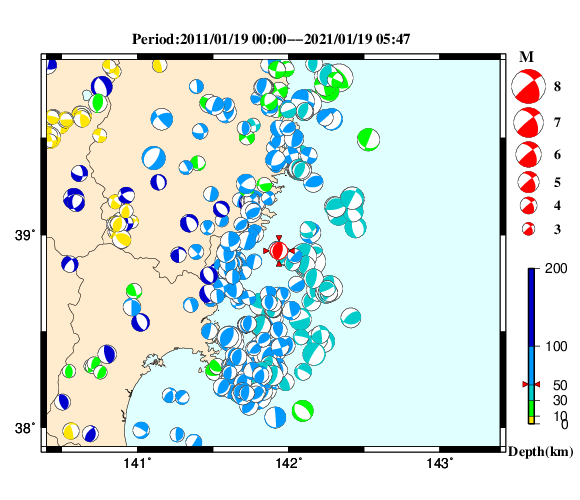 過去に起きた地震の初動発震機構解