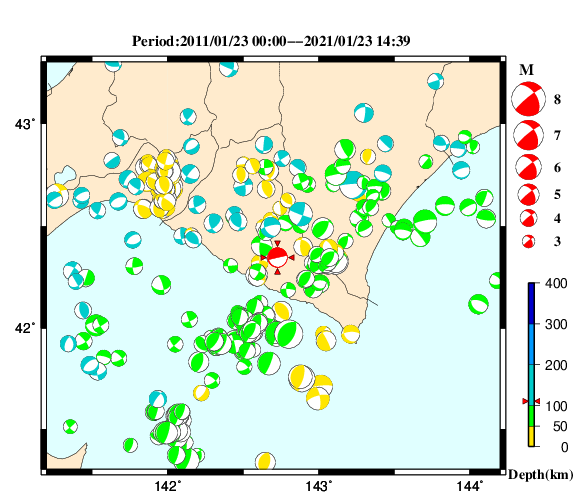 過去に起きた地震の初動発震機構解