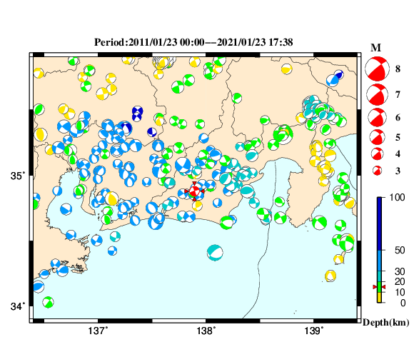過去に起きた地震の初動発震機構解