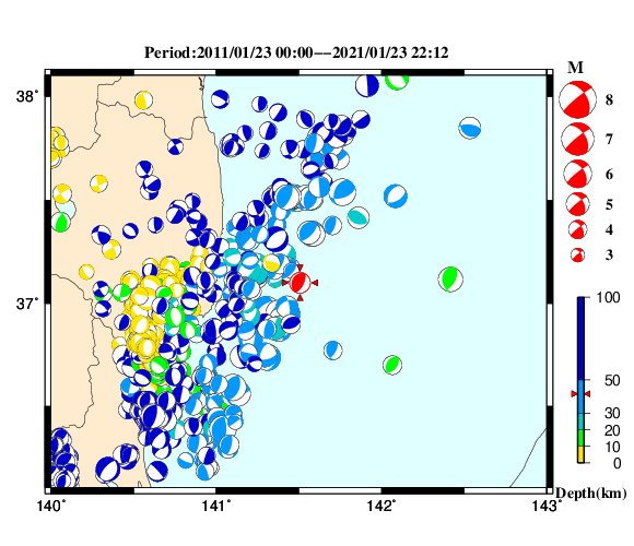 過去に起きた地震の初動発震機構解