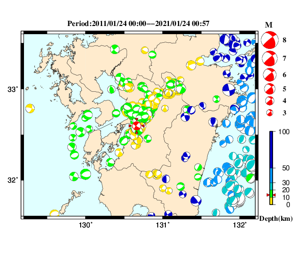 過去に起きた地震の初動発震機構解
