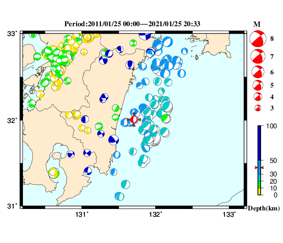 過去に起きた地震の初動発震機構解