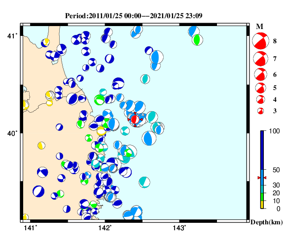 過去に起きた地震の初動発震機構解